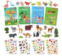 Vicloon Livre Gommettes Enfants de 3 Ans et Plus, Lot de 4 Livre d'autocollants Réutilisables, Livre d'autocollants de Voyage et Autocollants de Scènes, Inclut Thèmes Zoo/Océan/Dinosaure/Ferme