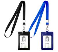 Vicloon Porte-badge en Cuir PU, 2pcs Porte Badge Tour de Cou, Double Cartes Badge Cuir Rétractable avec Lanière avec Lanière(Noir + Bleu foncé, Verticale)