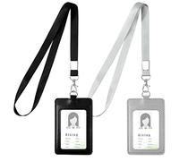 Vicloon Porte-badge en Cuir PU, 2pcs Porte Badge Tour de Cou, Double Cartes Badge Cuir Rétractable avec Lanière avec Lanière(Noir+ Gris, Verticale)