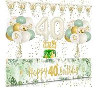 VICTERR Décoration d'anniversaire 40e anniversaire Vert doré 40 ans Kit de décoration pour femme et homme Grande taille Bannière Happy 40th 274 × 37 cm Guirlande fanions confettis ballons