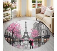 Victorien Moderne Tapis Rond 160 cm Rose Romantique Ville Tour Eiffel Couple Ombrelle Salon Rond de Chambre Lavable en Machine Tapis Descente de Lit AntidéRapant pour Salle à Manger Bureau