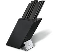 Victorinox Bloc à Couteaux Swiss Modern, 7 Pièces, Couteau Santoku, Noir | Rangement en hêtre laqué avec couteau à pain, fourchette à viande et 3 couteaux de chef en acier inox.