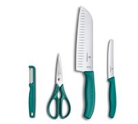 Victorinox Classic Set de Cuisine Professionnel, 4 pièces, Inclus Éplucheur, Ciseaux, Couteau Santoku et Couteau à Tomates, Lames Aiguisées, 7-17 cm, Manches en Plastique, Vert