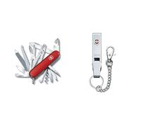 Victorinox Handyman, Swiss Army Knife, Couteau multifonction, Léger, Multitool, 24 Fonctions, Grand Lame, Tire Bouchon, Metal Voir, Rouge & Passe-ceinture «Multiclip» + chaîne (couleur argent), Gris