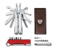 VICTORINOX Outil Multifonction Swiss Tool Spirit X Plus Ratchet, 36 Fonctions, Swiss Made, Outil Multifonction avec Lame Blocable et Pince à Bec, y c. Étui en Cuir, Argent