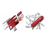 Victorinox Swiss Card Lite, Multitool de Poche Suisse, 13 Fonctions, Led, Loupe, Rouge Transparent & Couteau de Poche Huntsman (15 Fonctions, Ciseaux, Scie à Bois, Tournevis) Rouge - Rouge, One Size