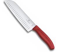 Victorinox Swiss Classic Couteau Santoku, Couteau de type asiatique, Lame extra tranchante, Taille en forme de bulbe, 17 cm, Acier inoxydable, Rouge