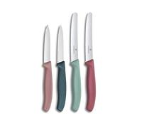 Victorinox Swiss Classic, ensemble de couteaux à tomates et légumes, 4 pièces, lame tranchante, 8 et 10 cm, bord dentelé, acier inoxydable, Rouge et Vert