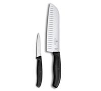 Victorinox Swiss Classic Lot de couteaux de cuisine pour pros, 2 pièces, Avec couteau à légumes et Santoku, Universels, Lames lisses, 8+ 17 cm, Tranchants, Noir