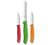 Victorinox Swiss Classic Set de couteaux de cuisine, 3 pièces, couteau à éplucher, à tomates, à petit déjeuner, manche en plastique robuste, acier inoxydable, rouge/vert/orange