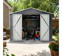 VICYROM Abri de Jardin Métal 7,46m² 10x8 ft avec Cadre de Sol Inclus Gris | Toit double pente avec aérations, double porte battante pour cadenas, embase surélevée isolante et 4 colis séparés