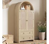 VICYROM bibliothèque avec porte en rotin,meuble de rangement 80 x 40 cm | 2 tiroirs bas,niche arquée ouverte,étagères réglables et crochets latéraux en MDF,charge 80 kg pour salon ou chambre