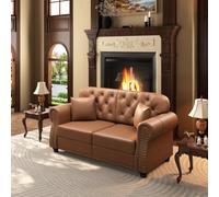 VICYROM Canapé 2 Places Chesterfield,Sofa Vintage Simili Cuir Marron | Structure bois massif,mousse dense,accoudoirs arrondis,clous tapissier,dossier capitonné,pieds bois,2 coussins