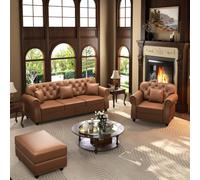 VICYROM Canapé 4 Places Chesterfield,Canapé d’Angle avec Pouf Marron | Structure bois massif,repose-pieds méridienne,accoudoirs arrondis,clous tapissier,dossier capitonné,4 coussins