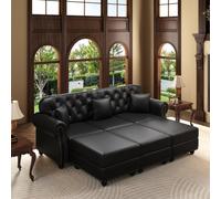 VICYROM Canapé 5 Places Chesterfield,Grand Canapé d’Angle Noir | Structure bois massif,repose-pieds méridienne,accoudoirs arrondis,clous tapissier,dossier capitonné,5 coussins