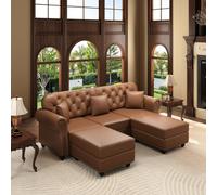 VICYROM Canapé Chesterfield 3 Places,Canapé d’Angle avec Pouf Marron | Structure bois massif,méridienne réversible,accoudoirs arrondis,clous tapissier,dossier capitonné,3 coussins