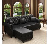 VICYROM Canapé Chesterfield 3 Places,Canapé d’Angle avec Pouf Noir | Structure bois massif,repose-pieds méridienne,accoudoirs arrondis,clous tapissier,dossier capitonné,3 coussins