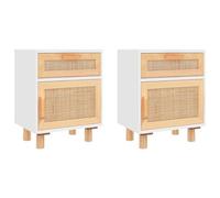 vidaXL 2X Tables de Chevet Tables de Nuit Armoires de Chevet Armoires de Lit Meubles de Chambre à Coucher Blanc Bois de Pin Massif et Rotin Naturel