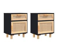 vidaXL 2X Tables de Chevet Tables de Nuit Armoires de Chevet Armoires de Lit Meubles de Chambre à Coucher Noir Bois de Pin Massif et Rotin Naturel