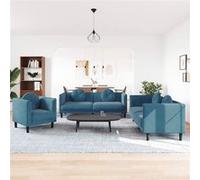 vidaXL Ensemble de canapés 3 pcs 3209255 – Velours bleu, avec coussins, accoudoirs et pieds