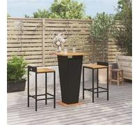 vidaXL Ensemble bar de jardin 3 pièces noir Poly rotin & bois massif acacia