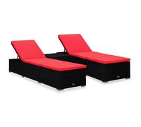 vidaXL Bains de soleil de jardin 3 pcs avec table de thé Poly rotin Noir
