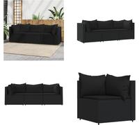 vidaXL 3 pcs. Garden Lounge Set with Coussins Black Poly Rattan - Garden Lounge Set - Garden Lounge Sets - Outdoor Lounge Set - Lounge Set Terrasse