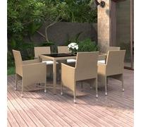 vidaXL Ensemble de jardin 7 pièces Poly rotin et verre trempé Beige