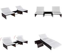vidaXL Bain de soleil 2 pièces avec table Poly Rotin Brun - Bain de soleil - Bain de soleil - Balançoire hollywoodienne - Balançoires hollywoodiennes