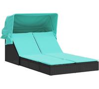 vidaXL Bain de soleil double avec baldaquin et coussins, poly rotin noir
