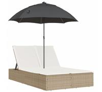 vidaXL Bain de soleil double avec coussin & parasol Beige Poly Rattan
