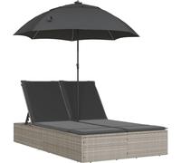 vidaXL Bain de soleil double avec coussin & parasol gris clair Poly rotin