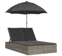 vidaXL Bain de soleil double avec coussins & parasol Gris Poly Rattan