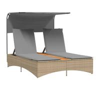 vidaXL Bain de soleil double avec toit et coussins Beige Poly Rattan