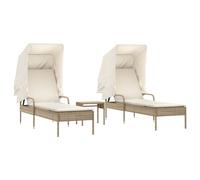 vidaXL Bains de soleil 2 pcs. avec toit et table Beige Poly Rattan
