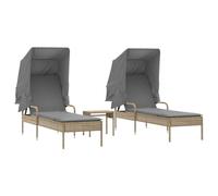 vidaXL Bains de soleil 2 pcs. avec toit et table Beige Poly Rattan