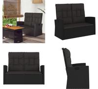 vidaXL Banc de jardin avec fonction chaise longue & coussins Noir 118cm Poly rotin - Banc de jardin - Banc - Banc d'extérieur