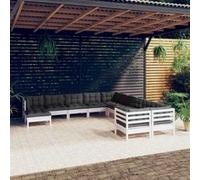 vidaXL Ensemble de salon de jardin 11 pièces en bois de pin avec coussins blancs
