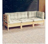 vidaXL Canapé de jardin 3 places en pin massif avec coussins crème