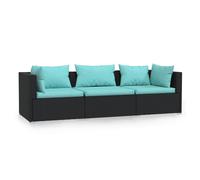 vidaXL Canapé 3 places avec coussins noir poly rotin