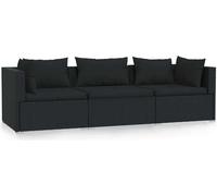 vidaXL Canapé 3 places avec coussins noir Poly rotin