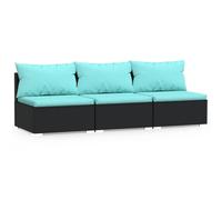 vidaXL Canapé 3 places avec coussins noir poly rotin