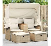 vidaXL Canapé de jardin 2 places avec auvent et tabourets Beige Poly rotin
