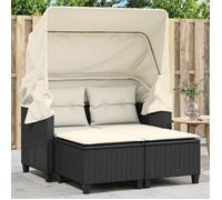 vidaXL Canapé de jardin 2 places avec auvent et tabourets, Noir poly rotin