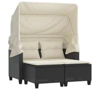 vidaXL Canapé de Jardin 2 Places avec Auvent et Tabourets, Siège de Patio, Meuble de Terrasse Balco Extérieur, Noir Résine 365780