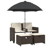 vidaXL Canapé de jardin 2 places parasol et pouf brun poly rotin