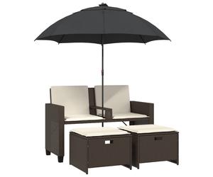 vidaXL Canapé de jardin 2 places parasol et pouf brun poly rotin