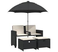 vidaXL Canapé de jardin 2 places parasol et tabouret noir poly rotin