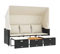 vidaXL Canapé d'extérieur 3 places avec toit et tabourets Noir Poly-Rotin
