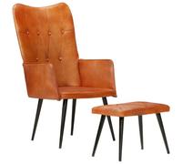 vidaXL Chaise à oreilles avec repose-pied Brun roux Cuir véritable